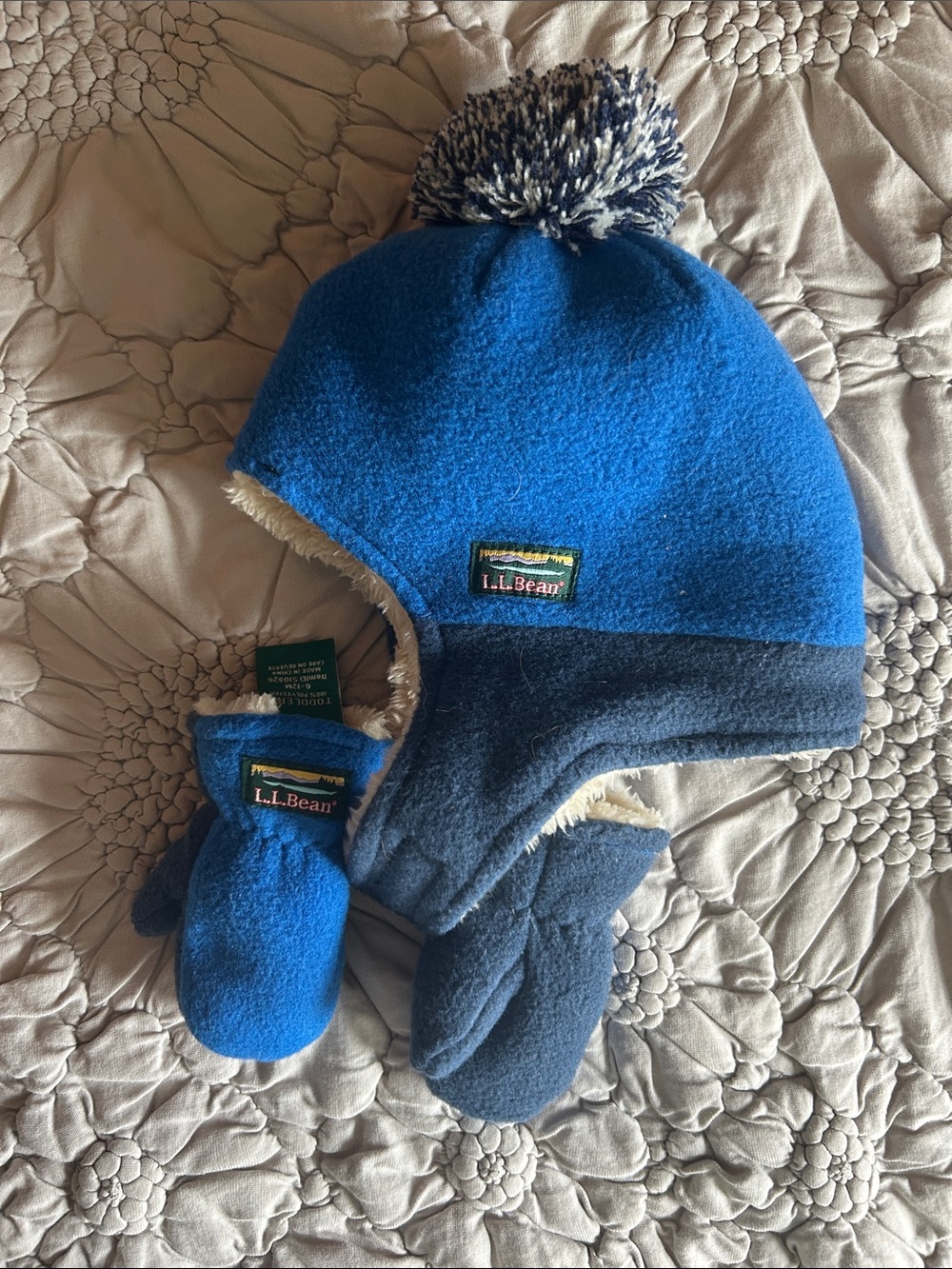 L.L. Bean Blue and Navy Fleece Earflap Hat with Matching Mittens
